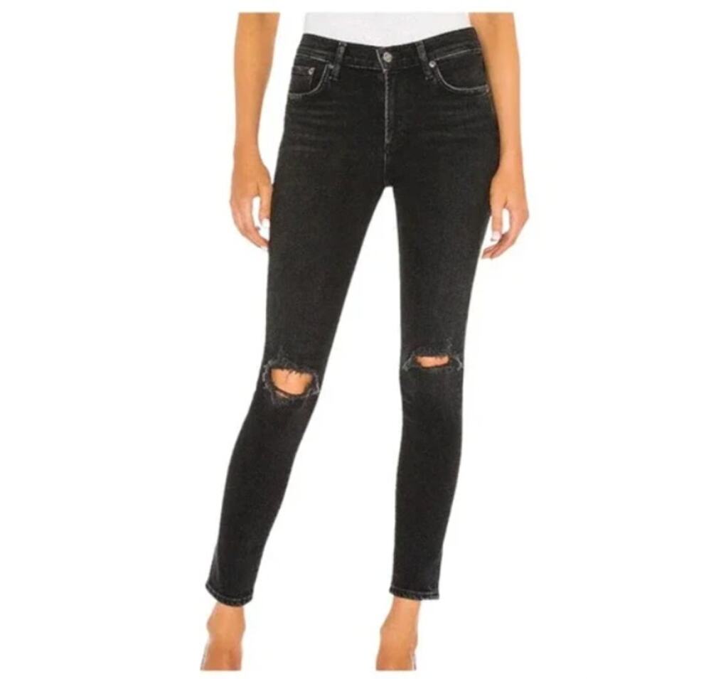 AGOLDE Sophie Mid Rise Distressed Skinny Jeans Washed Black 27